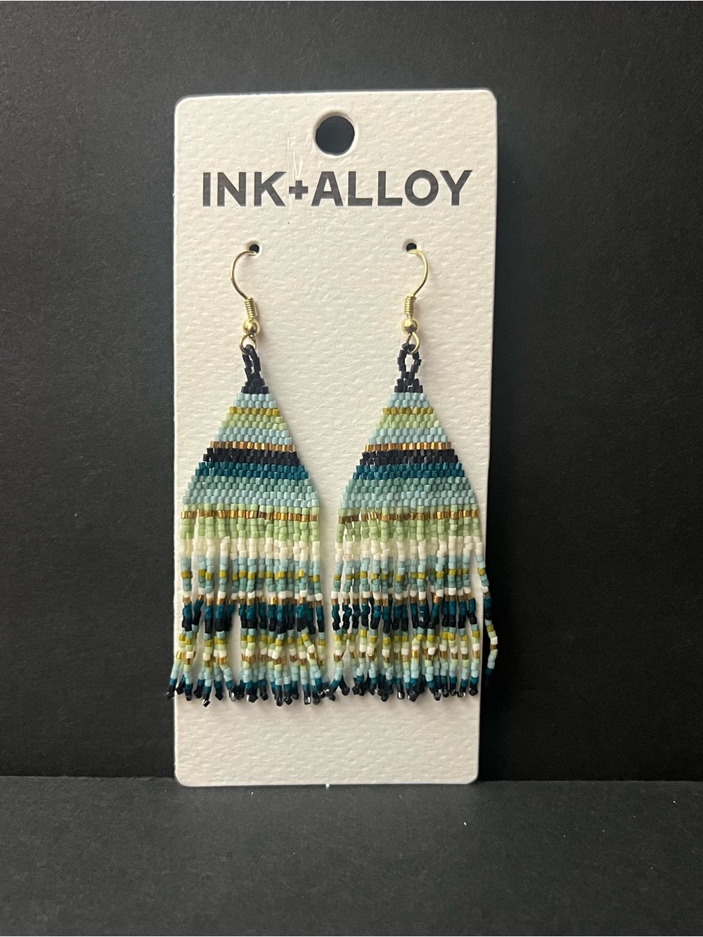 INK+ALLOY Blue & Green & Gold Beaded Fringe Earrings NEW